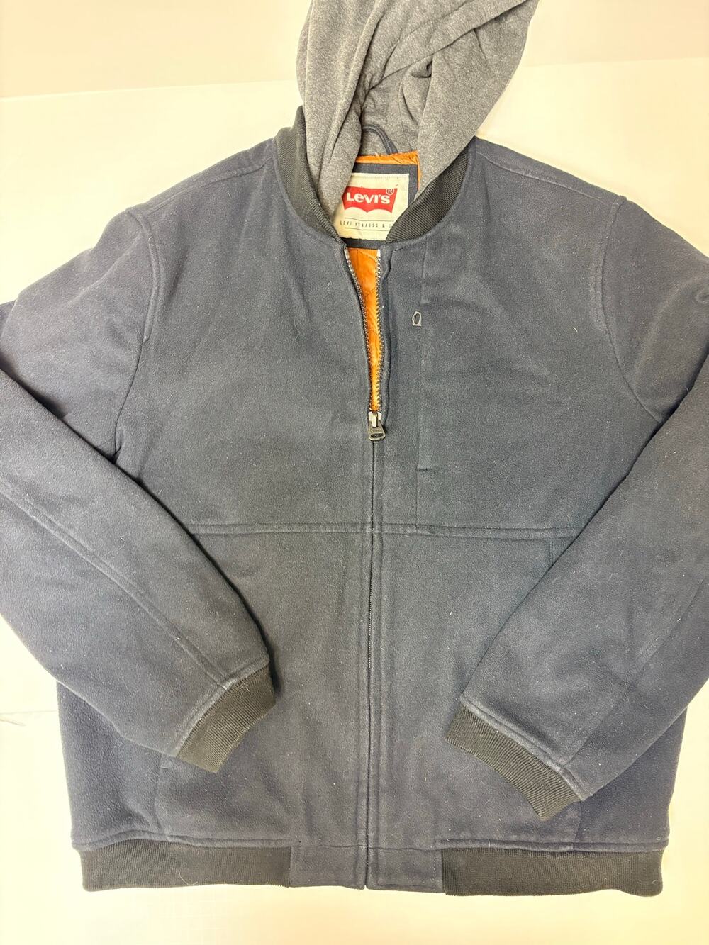 Levi’s Men’s L Navy Hooded Bomber Jacket Orange Quilted Lining Full Zip